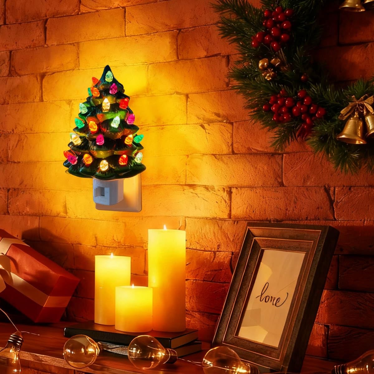 Ceramic Christmas Tree Night Light, Vintage Green Christmas Tree Wall Plug in...