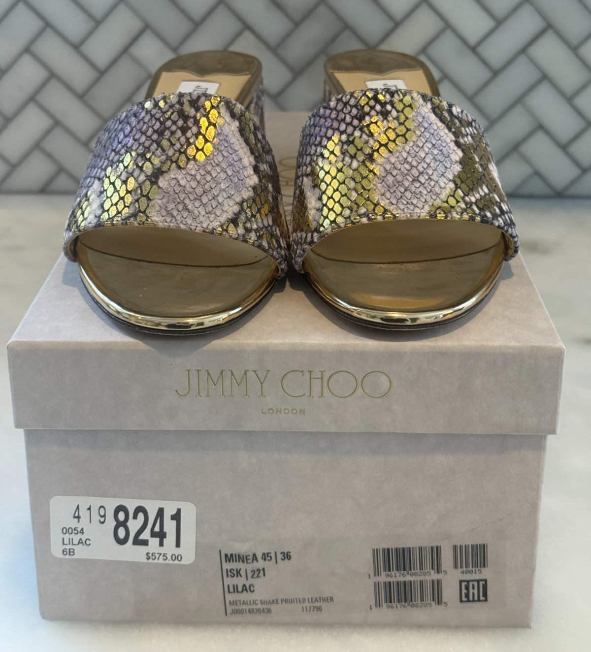 JImmy Choo $575 Lilac Reptile MINEA 45 Slides Sandals Size 6