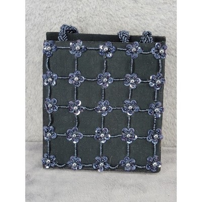 Sasha Vintage Beaded Floral Mini Evening Bag Black Purple Sequin Handbag Square