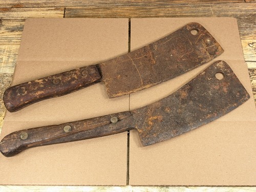 Lot Of 2 Vintage Antique Meat Butcher Cleavers 8" Blade 15" Long for Restoration