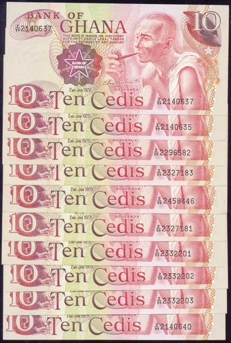 Ghana 10 Cedis 1978 REPLACEMENT (prefix Z/99) 10 pcs   P16f UNC