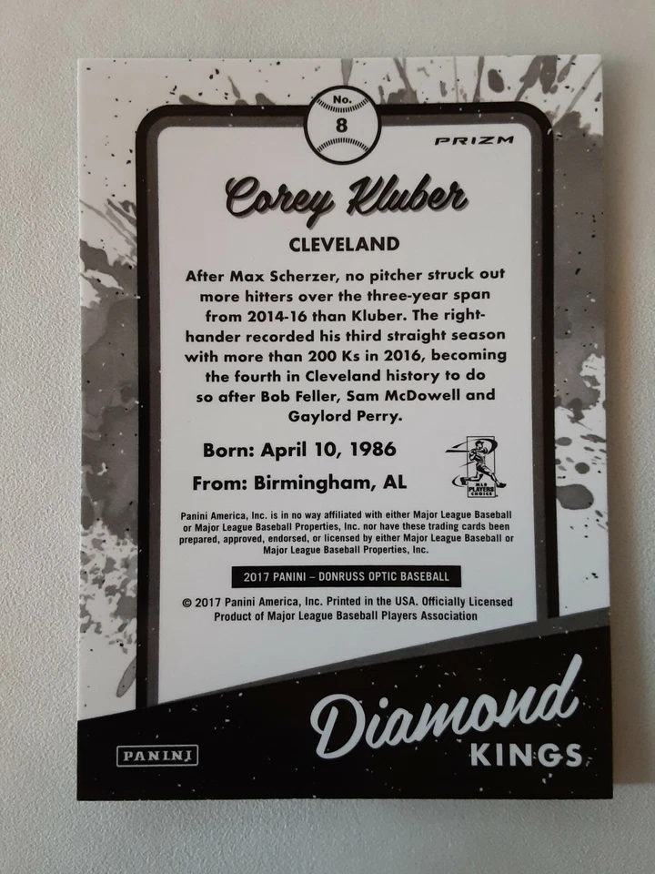 2017 Donruss Optic Blue COREY KLUBER DK #8 Cleveland Indians - Image 2 of 2