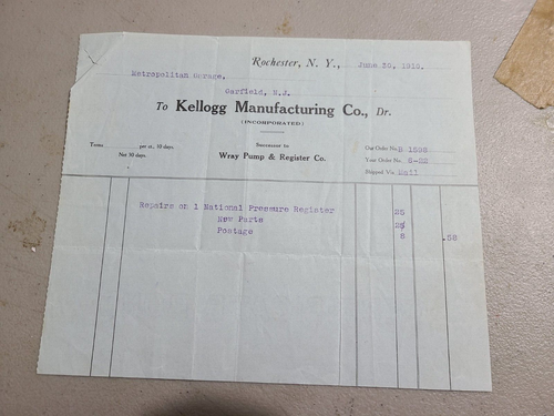 1910 Antique Document, Kellogg de Fabrication Co.Rochester Ny 6 - Photo 2 sur 2
