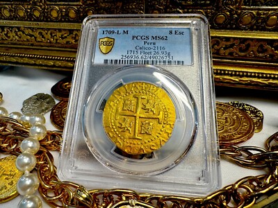 PERU 1709 PCGS 62! 8 ESCUDOS 1715 FLEET SHIPWRECK PIRATE GOLD