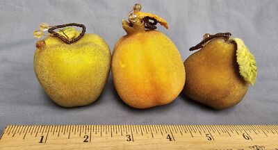 3 Pcs Vtg Sugared Beaded Frosted Fruit Apple Peach Pear Green Gold 2-2.5'' Hang