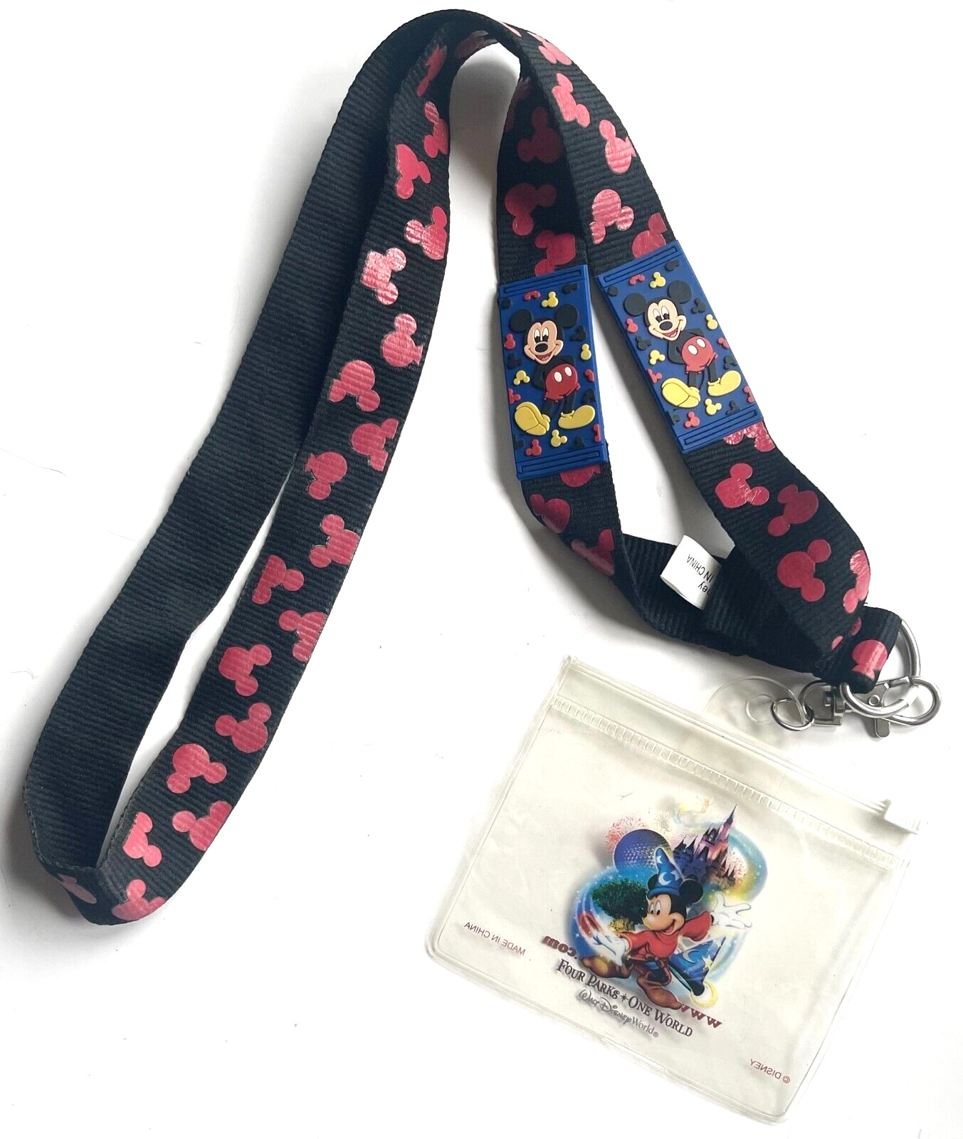 ORIGINAL VINTAGE 2008 DISNEY PINS LANYARD & PLASTIC PASS POUCH 4 PARKS ONE WORLD