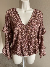Max Studio Women’s Brown Floral Print V-Neck 3/4 Ruffle Sleeve Blouse s S