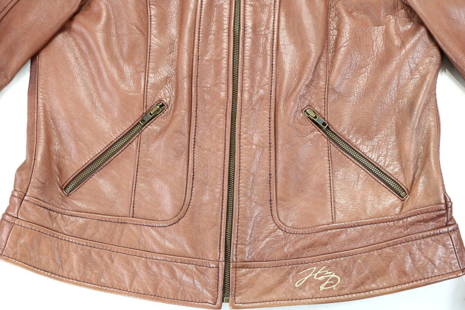 harley davidson jacket XL brown leather collared zip bar pockets Dusty Roads euc image 10