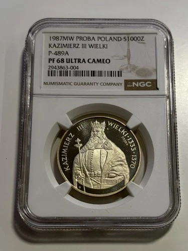 Poland 1987 PRÓBA 1000Z Kazimierz III Silver Pattern NGC PF68 UC 2,500 Minted