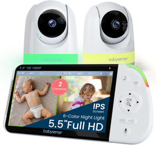 Full HD 5.5" Split Screen Baby Monitor with 2 Cameras, 6-Color Night Light, Whit