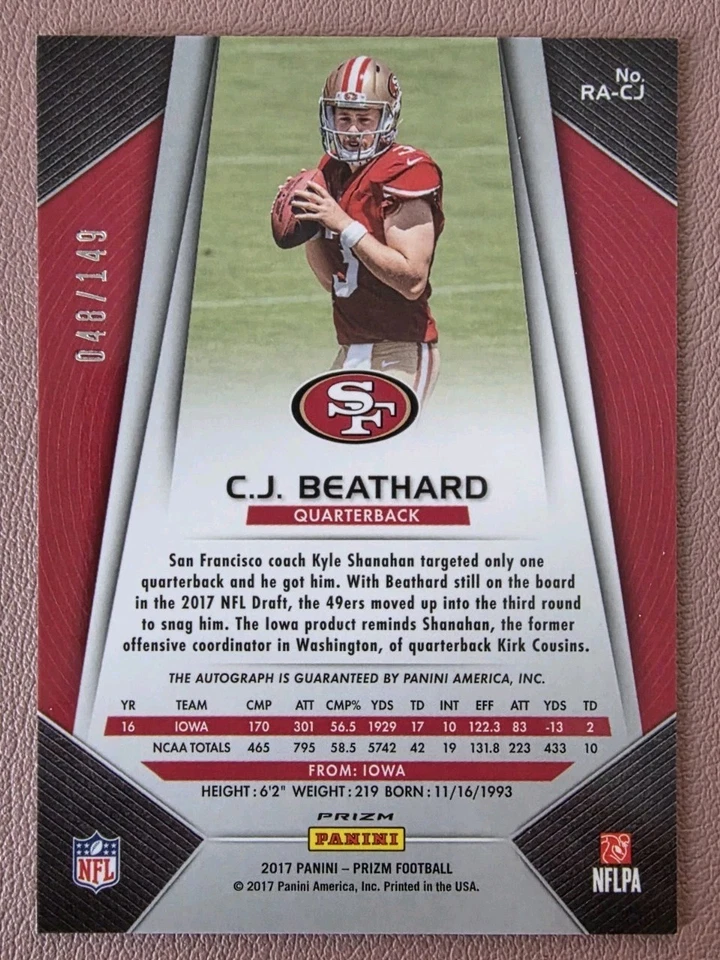 2017 Panini Prizm Rookie Autographs Blue Wave C.J. Beathard Rookie Auto RC /149 - Image 2 of 2