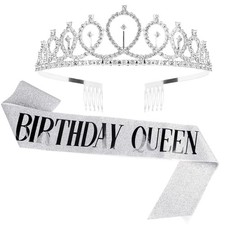 CAVETEE 'Birthday Queen' Sash  Rhinestone Tiara Set - Silver Birthday Tiaras an
