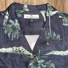 Tommy Bahama Men  s XL 100 Silk Palm Tree Graphic Shirt Blue Button Up