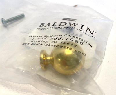 New in Package-Baldwin 1'' Spherical Shiny Brass Cabinet Knob #4960.303.BIN