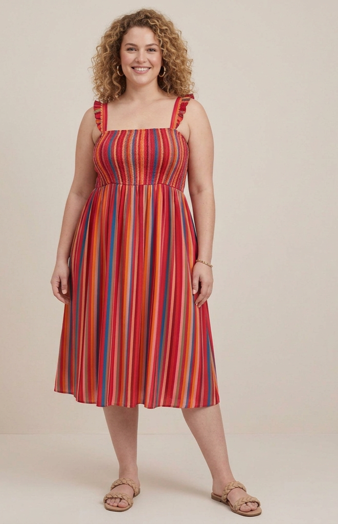 Torrid Challis Smocked Tiered Midi Dress 1X Pink Striped Woven Stretch Pockets