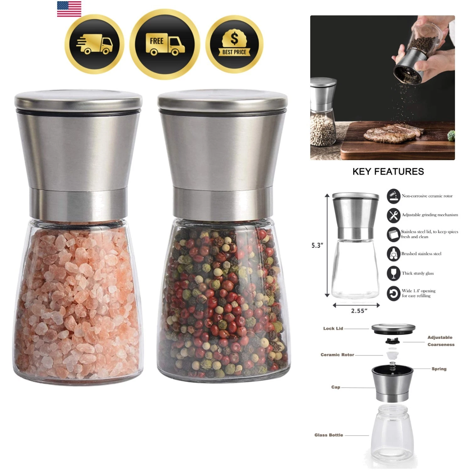 Salt and Pepper Grinder Set of 2, Stainless Steel Spice Mill with Adjustable...