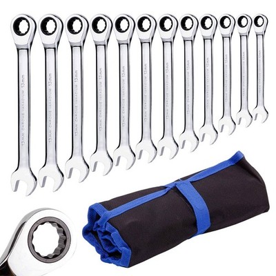 Qnkaa Ratchet Wrench Set Metric Spanner Kit 12 Piece 8-19mm, Roll Bag Packed, Pe