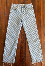 RSQ Jeans Blue Straight Medium Wash Checkered Raw Hem Distressed Girls 12