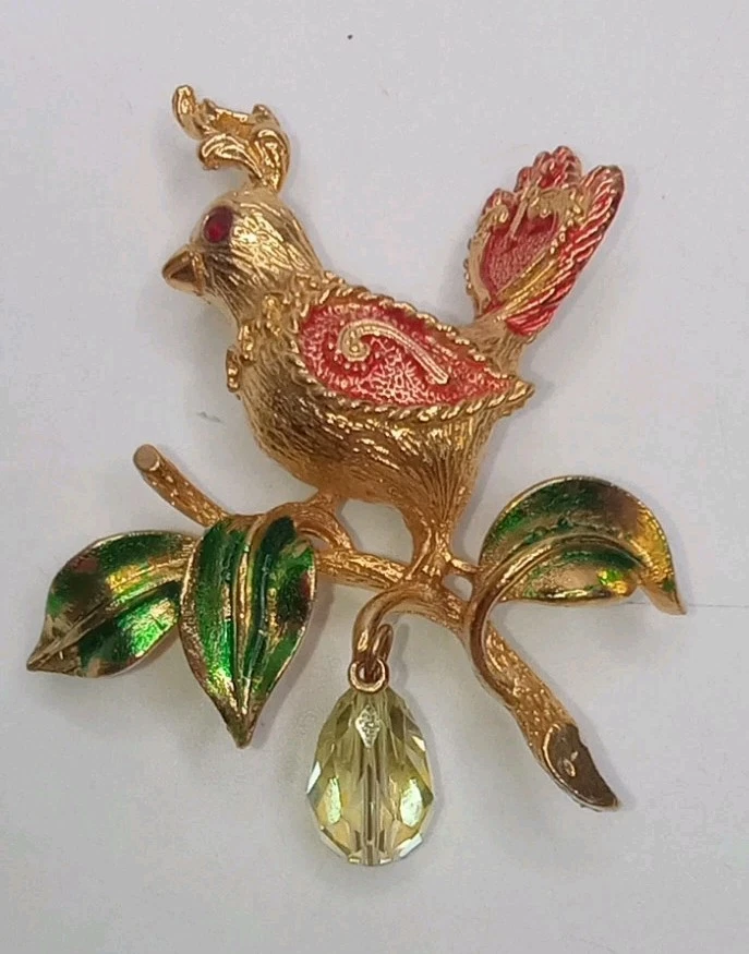 MYLU Partridge In A Pear Tree Rhinestone & Enamel Brooch Pin Vintage