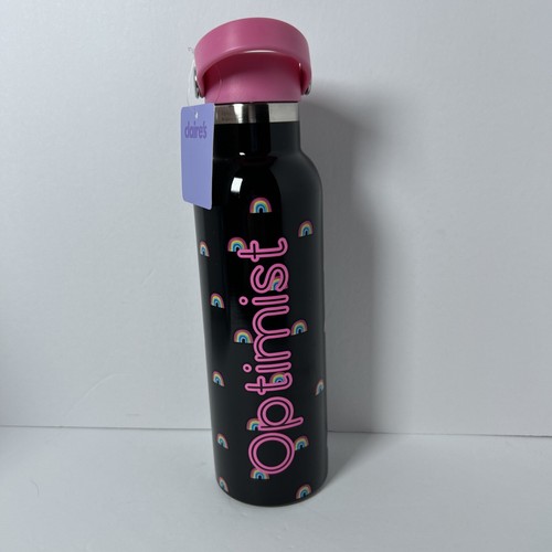 Claire’s Girls 20oz Stainless Steel Water Bottle Optimist Black Pink Rainbow NWT
