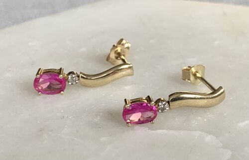 10ct Gold Pink Stone (Sapphire, Topaz?) Diamond Earrings (417, 10K Not 9ct Gold) - Picture 2 of 3
