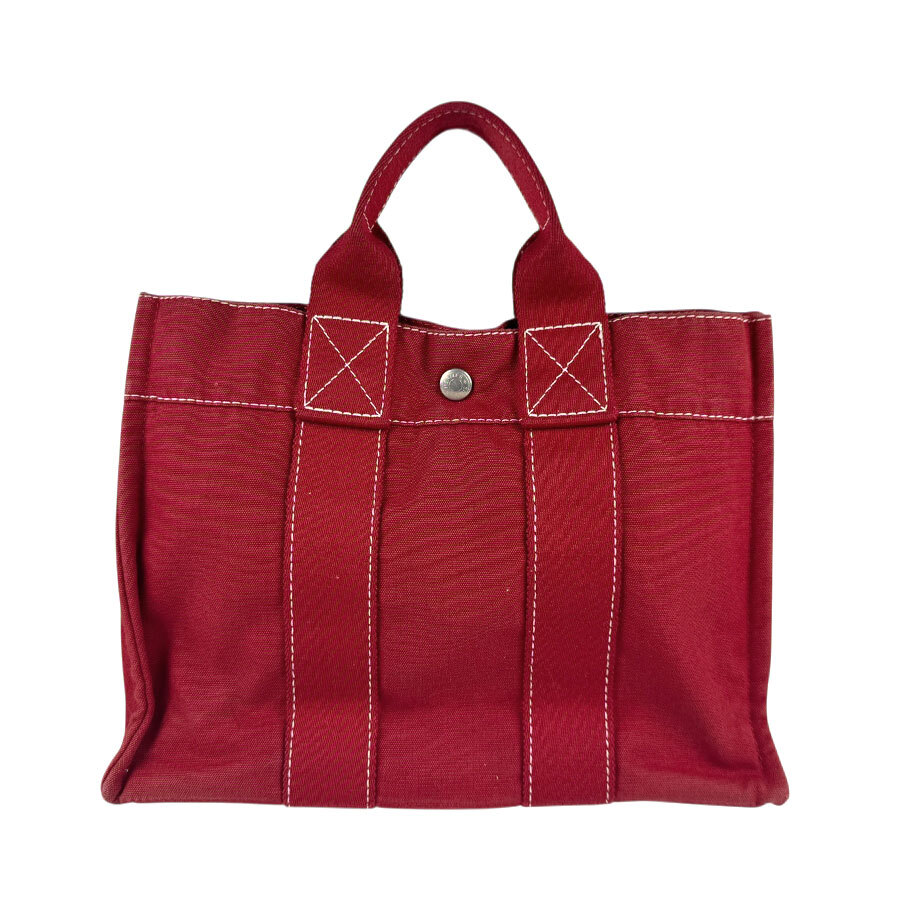 HERMES Deauville PM Tote Bag in Red Canvas with Silvertone Hardware Ref z5180