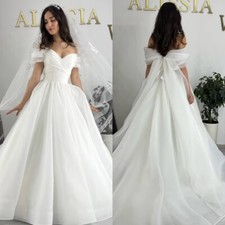 Off Shoulder Wedding Dresses Elegant White Ivory Sweep Train Simple Bridal Gowns