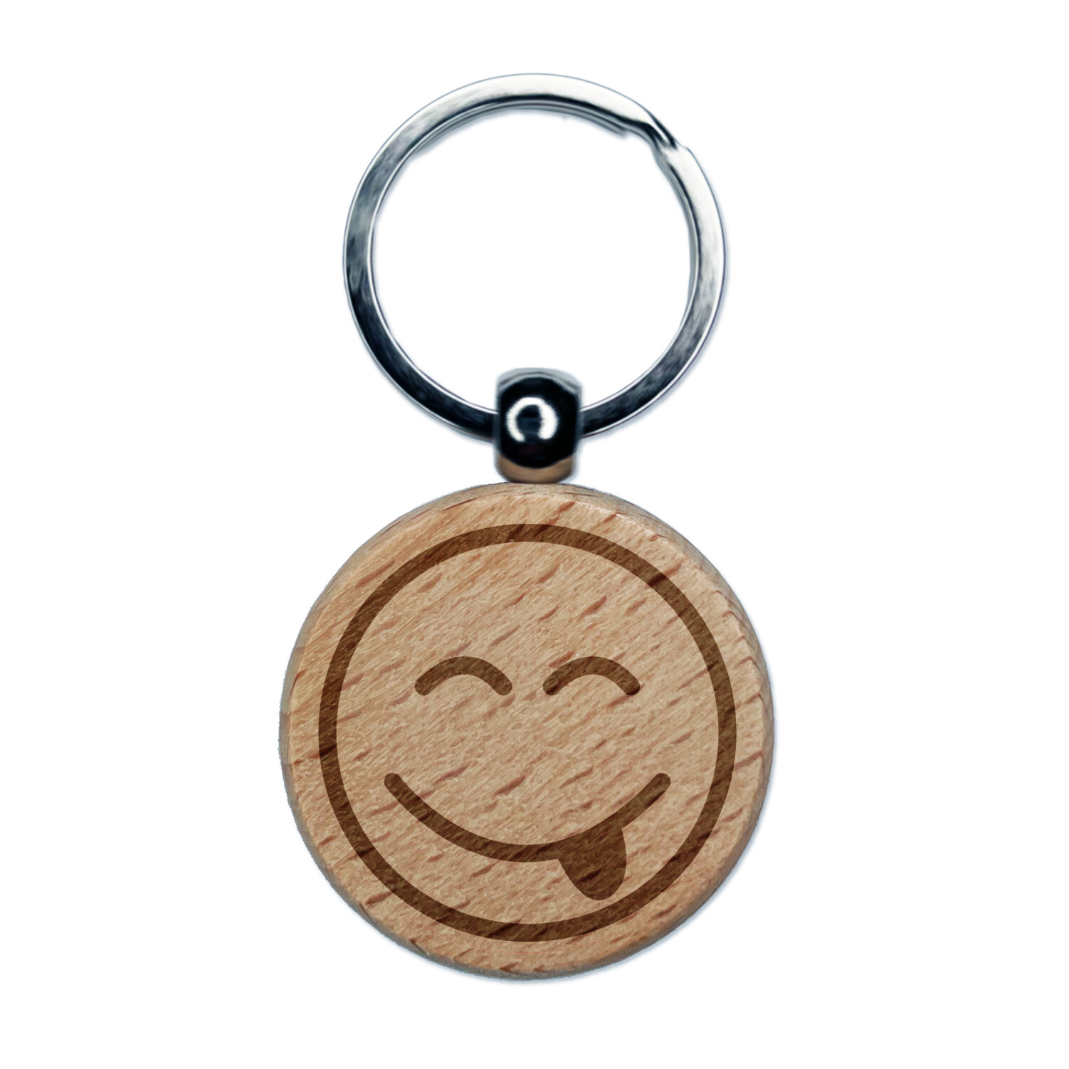 Tongue Out Face Emoticon Engraved Wood Round Keychain Tag Charm