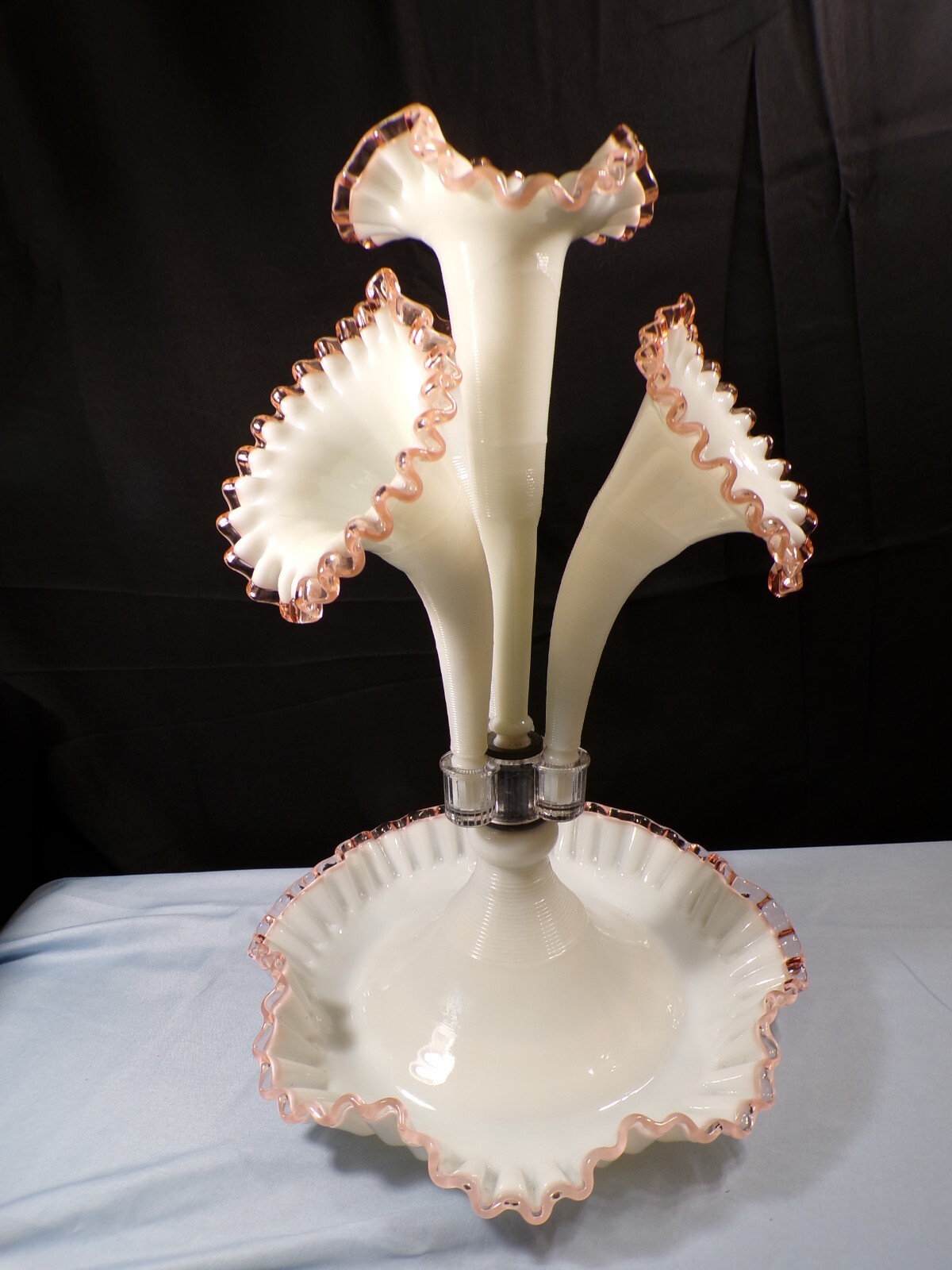 Fenton For L.G. Wright Milk Glass Pink Rose Crest Four 4 Horn Epergne