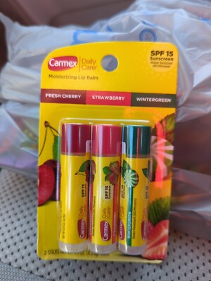 Carmex Daily Moisturizing Lip Balm 3 Pack Cherry Strawberry Wintergreen SPF 15