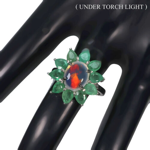 Unheated Oval Fire Opal 11x9mm Emerald Simulated Cz 925 Sterling Silver Ring 9 - Picture 1 of 9
