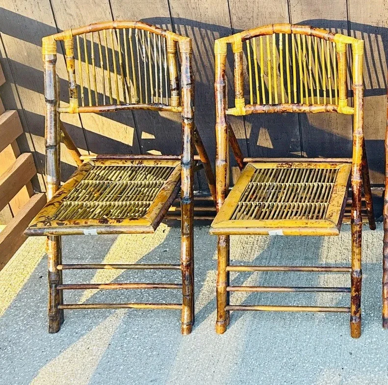 2 sillas plegables vintage de bambú y ratán, detalles de video años 70 Foto 3 de 4