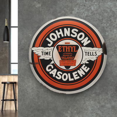 Johnson Gasolene Time Tells 24'' Round Button Metal Sign Vintage Inspired Design