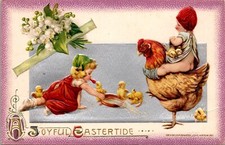 Vintage Easter Postcard Little Girl Feeds Chicks Boy Riding Hen Watches c 1911