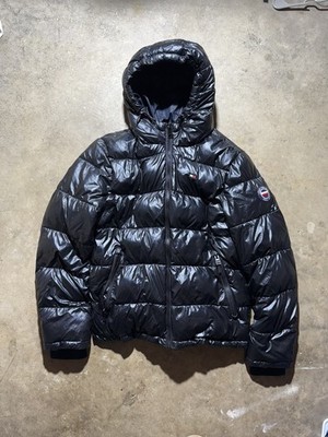 TOMMY HILFIGER GLOSSY PUFFER JACKET BLACK HOODED Y2K MEN SIZE MEDIUM BUBBLE COAT
