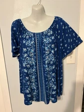 NWT Style&co Abyss Blue CMB Floral Multi Gathered Neckline SS Top   Plus Size 3X