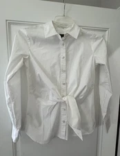 TALBOTS White Blouse Button $ Waist Tie  Front Shirt Size 4 Long Sleeve Collar S