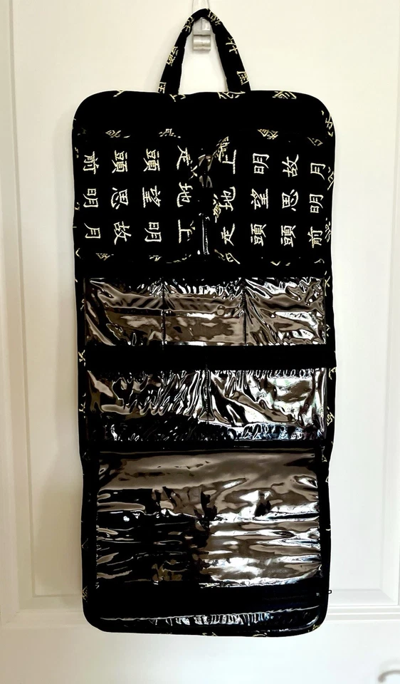 Organizador de viaje colgante bolsa de joyería cosmética negro y dorado plegable tema asiático Foto 2 de 4