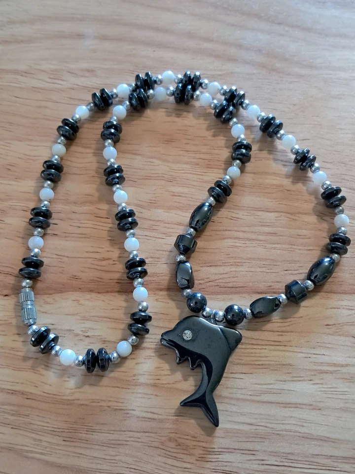 Unique Dolphin Pendant Hematite Beaded Necklace, Statement Necklace - Image 3 of 4