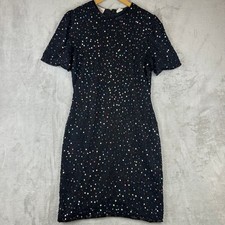 Laurence Kazar Black Beaded Sequin Dress Short Sleeve Sheath Evening Size S