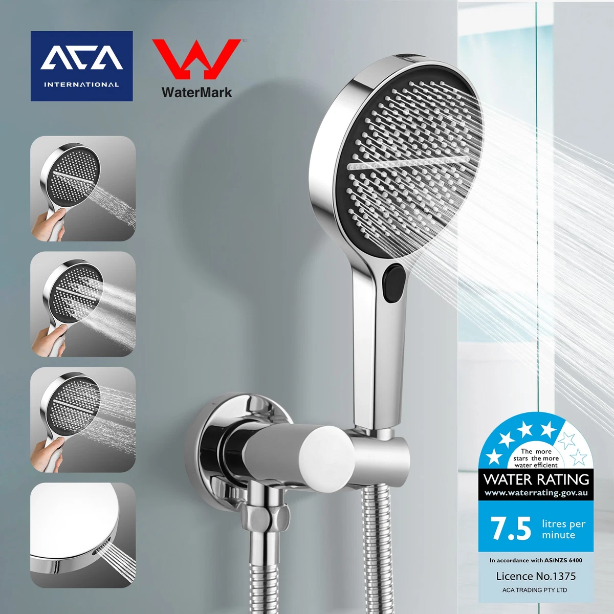 ACA 4-Mode Hand Held Shower Head Set 1.5m Hose Hand Shower Set Round Chrome