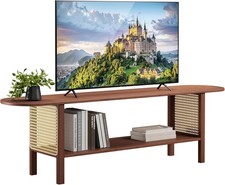 HollyHOME TV Table Low TV Bench 140cm Small TV Cabinet with Rattan Narrow TV St