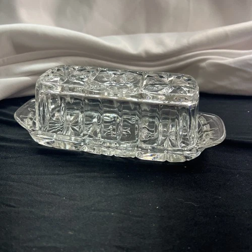 Vintage Anchor Hocking Prescut Glass Butter Dish And Lid Star Pattern 1960's