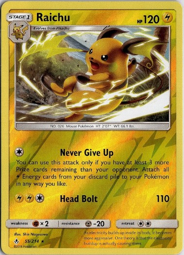 Pokemon Card - S&M: Unbroken Bonds 55/214 - RAICHU (reverse holo) - NM/Mint
