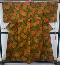 Japanese Vintage Kimono Silk Green Tsumugi No Lining Traditional Length 60 in