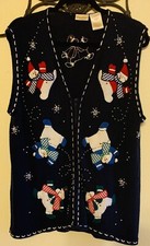 VINTAGE EMBROIDERED SNOWMAN NAVY SWEATER VEST Ugly Christmas SIZE XL 12/14 