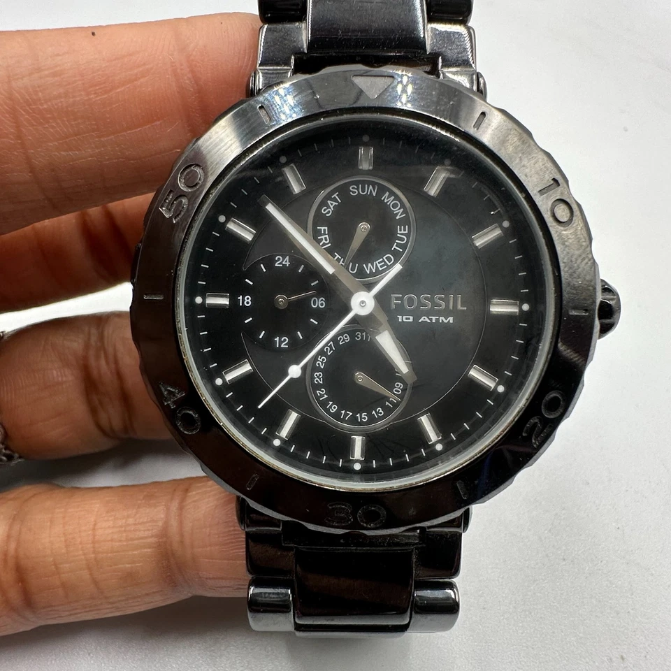 Fossil Riley 手表女式黑色 Day Date 38 毫米表盘陶瓷表带全新电池 6.25 — 第 3/4 张图片