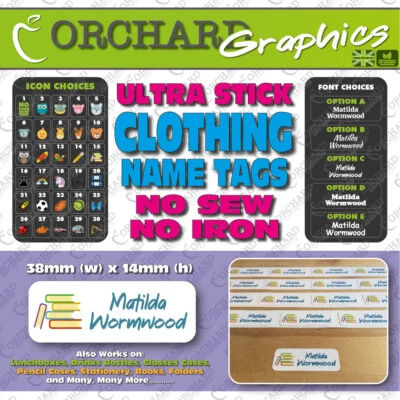 School Clothing Stick on Name Tags Labels (Care Label) Clothes Lunchbox Stickers