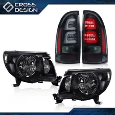 Black Headlights & 3D LED Tube Bar Tail Lights Lamp Fit For 05-11 Toyota Tacoma