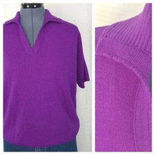 Vintage Purple Short Sleeved Collared V Neck Sweater Size Large 40" Bust